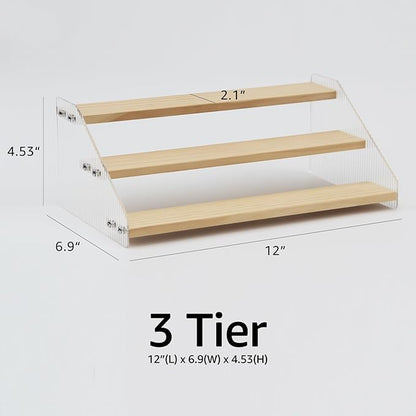 nianfeng Tiered Spice Rack, 3-Tier Spice Pantry Kitchen Cabinet Organizer, 12-Inch, Natural Wood Acrylic Stair Riser Stand, Countertop Seasoning Shelf