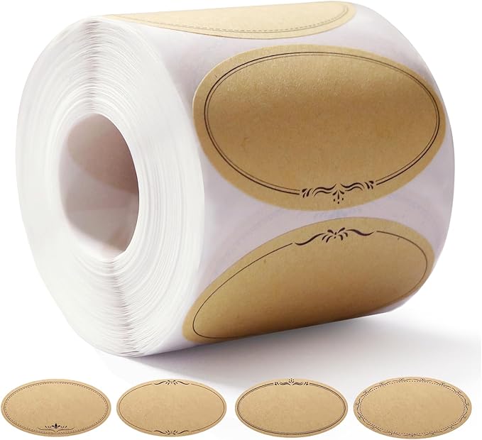 500 Pcs Mason Jar Labels, 2.5 Inch Oval Kraft Paper Sticker Labels for Canning, Food Storage, Pantry & Spice Jars, Gift Stickers, Waterproof, 4 Vintage Designs