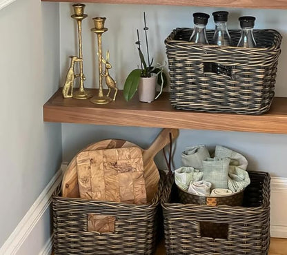 The Basket Lady Square Deep Wicker Storage Basket, Medium, 15 in L x 15 in W x 9 in H, Antique Walnut Brown