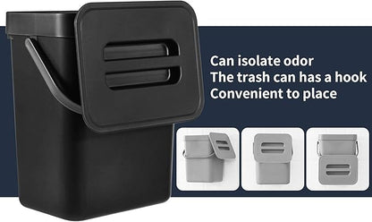 Domiella 2 Pack Hanging Small Trash Can with Lid (1.3 + 0.8 Gal), Kitchen Compost Bin for Countertop or Under Sink, Mountable Food Waste Bin for Cabinet, Bathroom, or RV Use (Black)