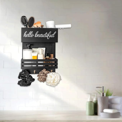 Cokritsm Wooden Hair Dryer Holder Wall-Mounted - 2 Tier Bathroom Storage Shelf Cosmetic & Hairdressing Tools Organizer for Bathroom Countertop/Vanity (Black)