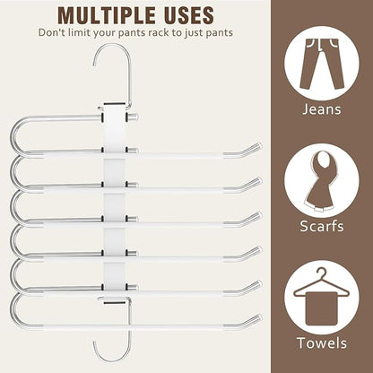 HUITEM Space Saving 6 Tier Pant Hangers, Anti-Slip, Lightweight, Stainless Steel, 2 Pack, White