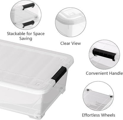 Minekkyes 20 Quart Plastic Under Bed Storage Containers, Latching Storage Boxes with Wheels, Clear Under Bed Storage Bins, 4 Pack