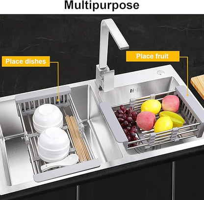 LUEXBOX Expandable Dish Drying Rack Over The Sink, Stainless Steel Drainer Basket with Adjustable Arms for Vegetable and Fruit (Grey)