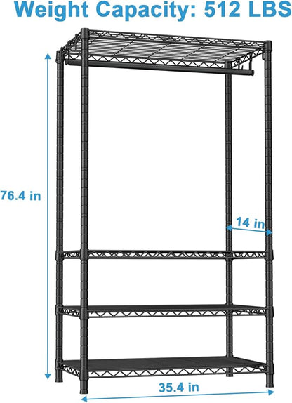 Ulif H4 Portable Closets, 4-Tier Metal Clothes Garment Rack for Bedroom and Cloakroom, Clothing Closet Storage and Organizer Wardrobe, 35.4" W x 14" D x 76.4" H, Black