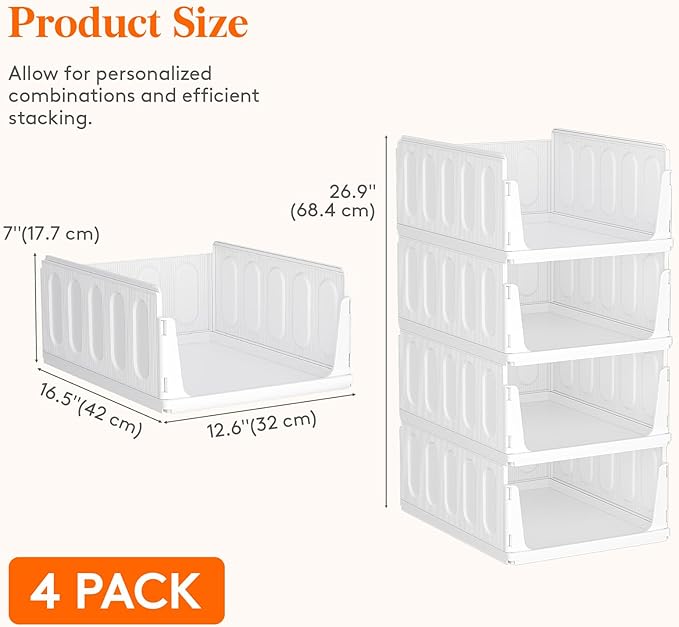 Lifewit 4 Pack Stackable Closet Organizers and Storage Basket for Clothes, Plastic Storage Bins for Wardrobe, Multifunctional Drawer Organizer for Bathroom, Kitchen, Laundry Room, Office, Dorm, White