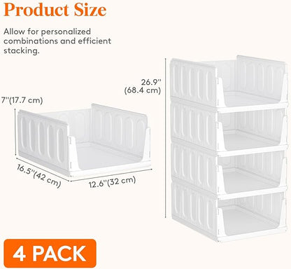 Lifewit 4 Pack Stackable Closet Organizers and Storage Basket for Clothes, Plastic Storage Bins for Wardrobe, Multifunctional Drawer Organizer for Bathroom, Kitchen, Laundry Room, Office, Dorm, White