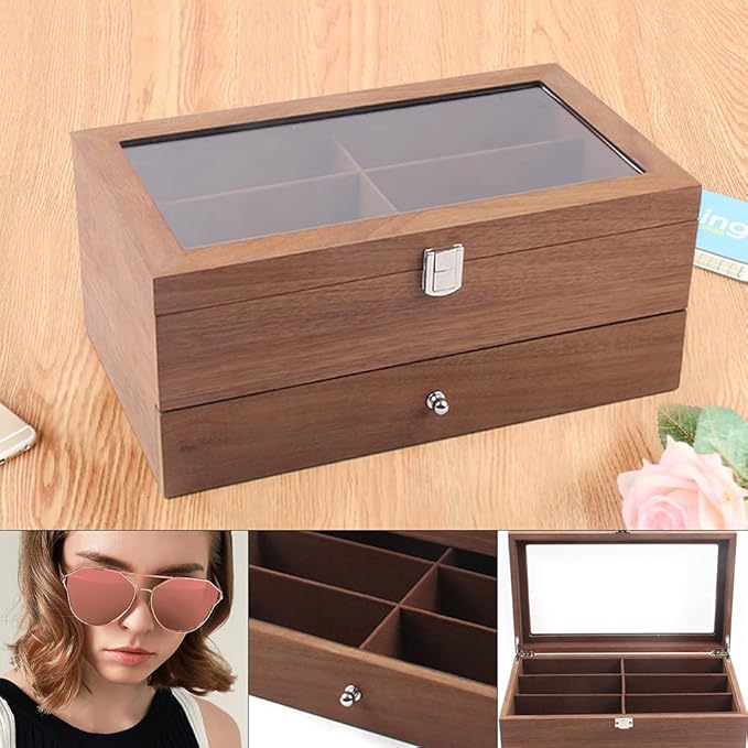 DouSeiAi Double Layer Wooden Sunglasses Organizer, 12 Grids Sunglasses Storage Box, Sunglasses Display Case with Lock Eyewear Holder Organizer Mahogany