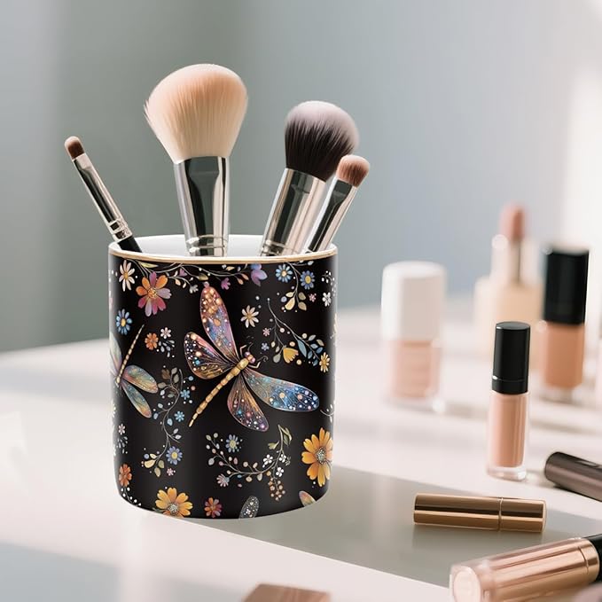 WAVEYU Pen Holder, Pencil Cup for Desk, Cute Makeup Brush Holder, Durable Ceramic Organizer Decor for Room, Office, Classroom, Cute Dragonfly Pattern