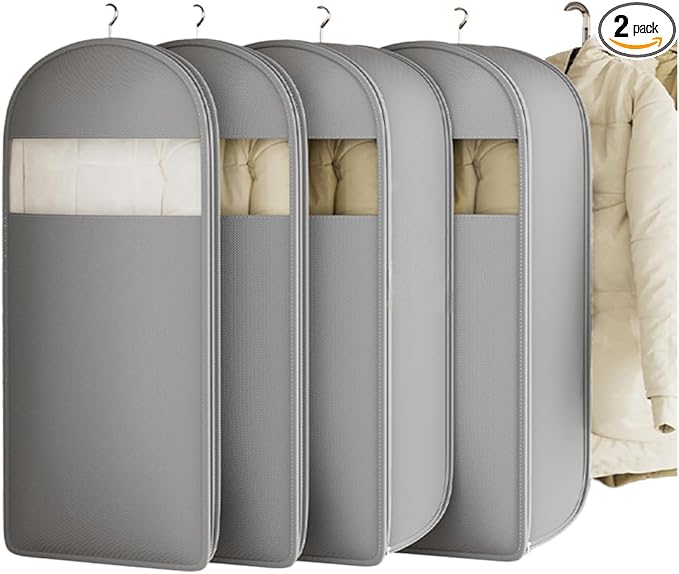 2 Packs Gusseted Garment Bags for Hanging Clothes Suit Bags for Open Closet Storage, Side Clear Clothing Cover for Coat, Dress, Jacket, Shirt, Fur Wardrobe Protector, (grey, 52 inch)
