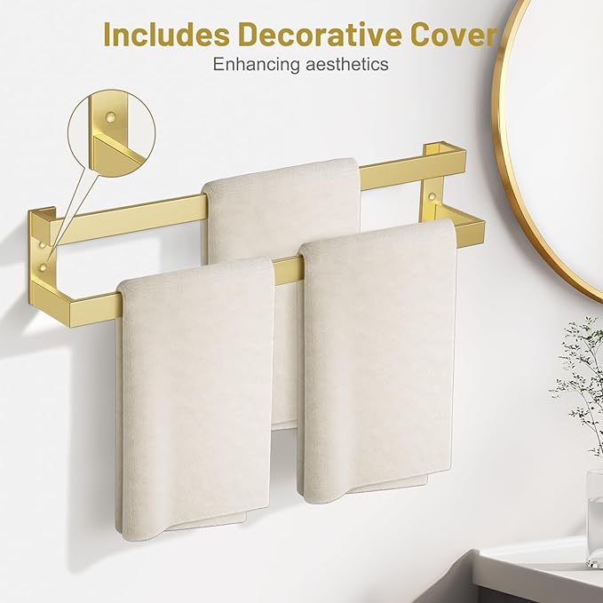 TNOMS Double Towel Bar,Towel Rack for Bathroom Stainless Steel Wall-Mounted Bathroom Hardware Accessories Brushed Gold 32 Inch