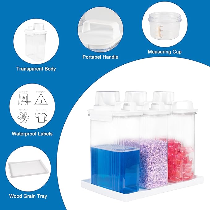 68oz Laundry Detergent Container, 3Pack Plastic Liquid Detergent Dispenser for Laundry Room Powder,Soap,Fabric Softener, Scent Beads Storage and Organization,with 5 Labels,1 Tray.(3, 68oz)