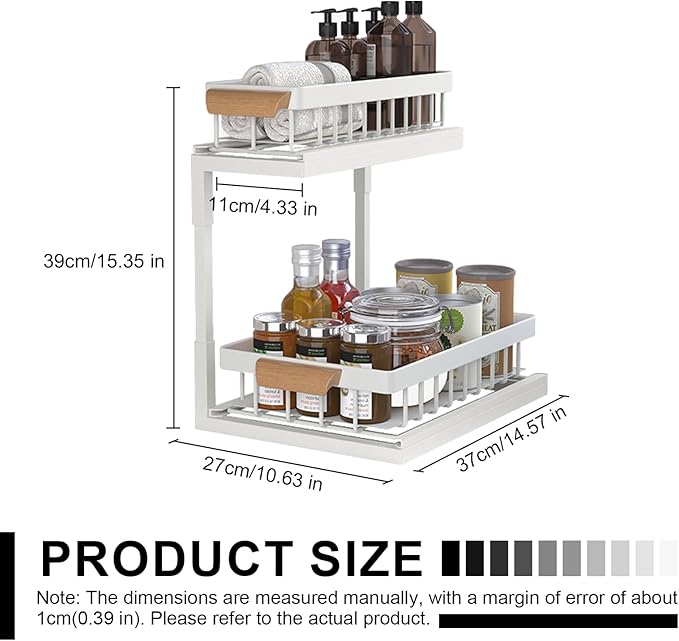 2-Tier Sliding Under Sink Organizer, L-shape Pull Out Cabinet Organizers, Multi-purpose Sink Storage Shelves, Metal Mesh Drawer Organizer for Bathroom Kitchen (White, Pull-Up & Down Style)