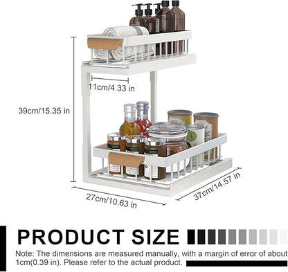 2-Tier Sliding Under Sink Organizer, L-shape Pull Out Cabinet Organizers, Multi-purpose Sink Storage Shelves, Metal Mesh Drawer Organizer for Bathroom Kitchen (White, Pull-Up & Down Style)