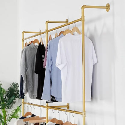 Industrial Pipe Clothes Rack Metal Clothing Store Display Stands Wall Mounted Garment Rack, Heavy Duty Hanging Rod for Closet Storage, 89.8in Gold