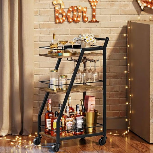 Bar Cart, Bar Cart for The Home, Small Bar Cart on Wheels, Beverage Cart, Home Bar Serving Cart with Glass Holder, Drink Cart for Bar, Kitchen, Rustic Brown and Black BC03BR