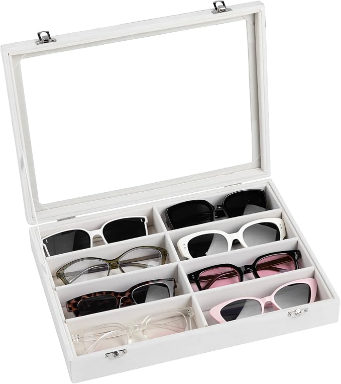 Frebeauty Sunglass Organizer,Velvet Glasses Organizer,8-Slot Sunglasses Tray with Clear Lid,Men's/Women's Sunglasses Box,Sunglass Case,13.3 x 9.6 x 2.2 Inches,Eyeglass/Eyewear Display Tray(White)