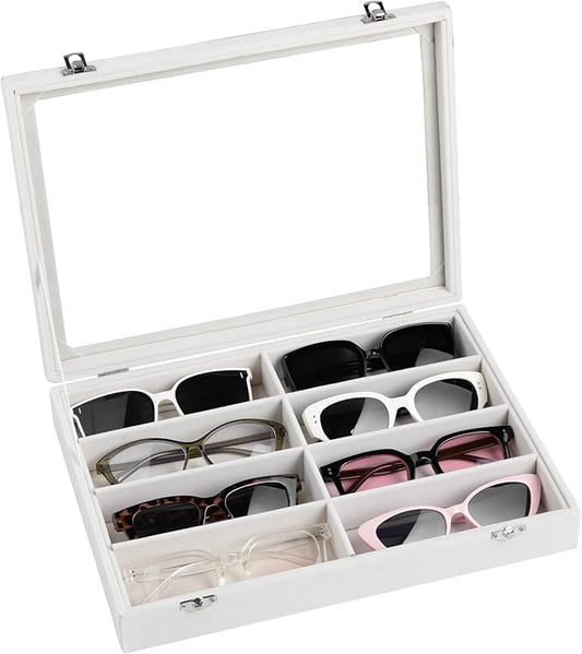 Frebeauty Sunglass Organizer,Velvet Glasses Organizer,8-Slot Sunglasses Tray with Clear Lid,Men's/Women's Sunglasses Box,Sunglass Case,13.3 x 9.6 x 2.2 Inches,Eyeglass/Eyewear Display Tray(White)