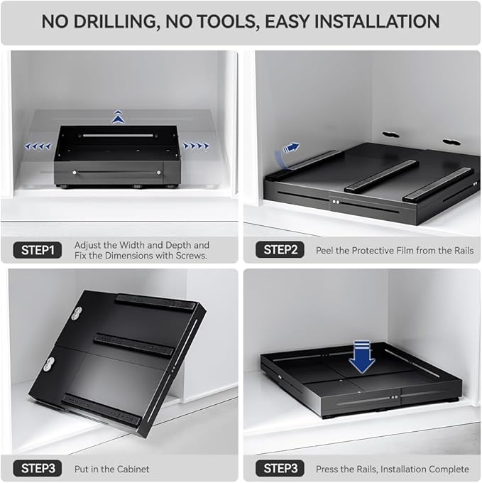Pull-out Cabinet Organizer,Adjustable Depth(12.8"-17.5") And Width(14.8"-20.5"),3 Silent slides and 2 Support Pulleys,Easy to Assemble and Heavy-Duty Storing slide-out drawer,Black