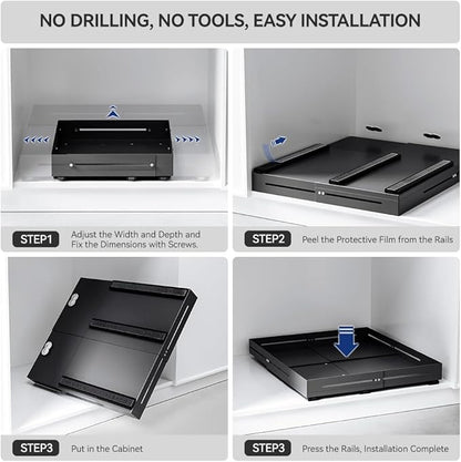 Pull-out Cabinet Organizer,Adjustable Depth(12.8"-17.5") And Width(14.8"-20.5"),3 Silent slides and 2 Support Pulleys,Easy to Assemble and Heavy-Duty Storing slide-out drawer,Black
