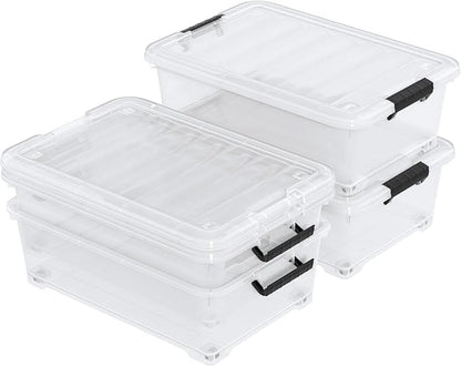 Zerdyne 20 L Plastic Underbed Storage Box with Wheels, 4-Pack Clear Latch Container for Under Bed