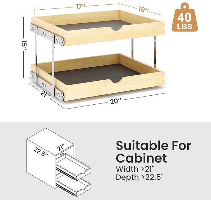 YORKING 2 Tier Pull Out Cabinet Organizer, 20" W x 21" D Wooden Cabinet Slide Out Shelves, Heavy-Duty Drawer Shelf for Pantry, Bathroom, Kitchen