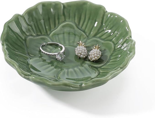 YZMICSTAR Flower Ring Dish Holder,Jewelry Dish Tray,Small Trinket Tray,Jewelry Plate Bowl,Key Bowl,Decorative Plate,Birtdhay Christmas Gifts for Women Friends,Ceramic Green