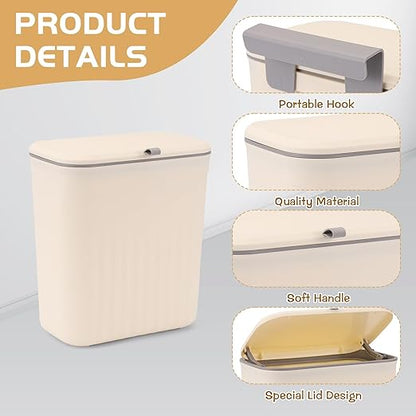 3 Pack Hanging Trash Can with Lid, Kitchen Compost Bin for Counter Top or Under Sink, Plastic Waste Basket Wall Mounted Garbage Can for Cupboard/Bathroom/Bedroom/Office/Camping (Cream)