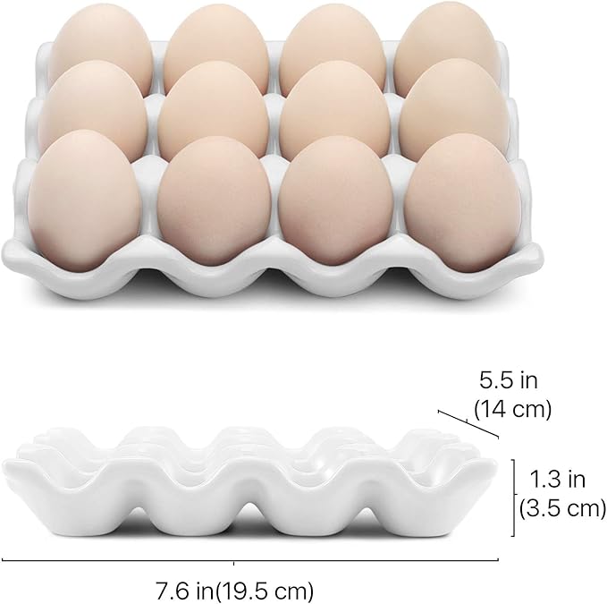 Flexzion 12 Eggs Ceramic Egg Holder, 12 Porcelain Egg Tray Storage Box, Non-Slip Egg Plate, Egg Holder, Egg Carrier Egg Box for Home, Kitchen, Fridge, Restaurant, White