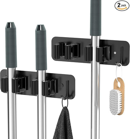 Wall Mount Mop and Broom Holder, Heavy Duty Stainless Steel Organizer Rack with Hooks | 2-Pack, 2-in-1 No Drill & Screw Installation, Black