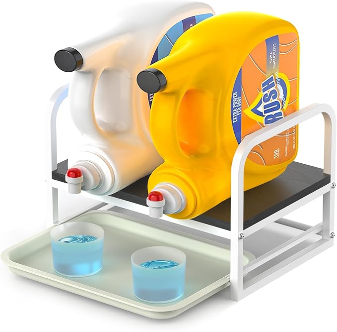 Laundry Detergent Holder Stand, Liquid Detergent Dispenser Shelf Organizer with Cleanable Drip Tray, Liquid Holder Stand Catcher for Laundry Room Organization and Storage (Flat-BlackWhite)