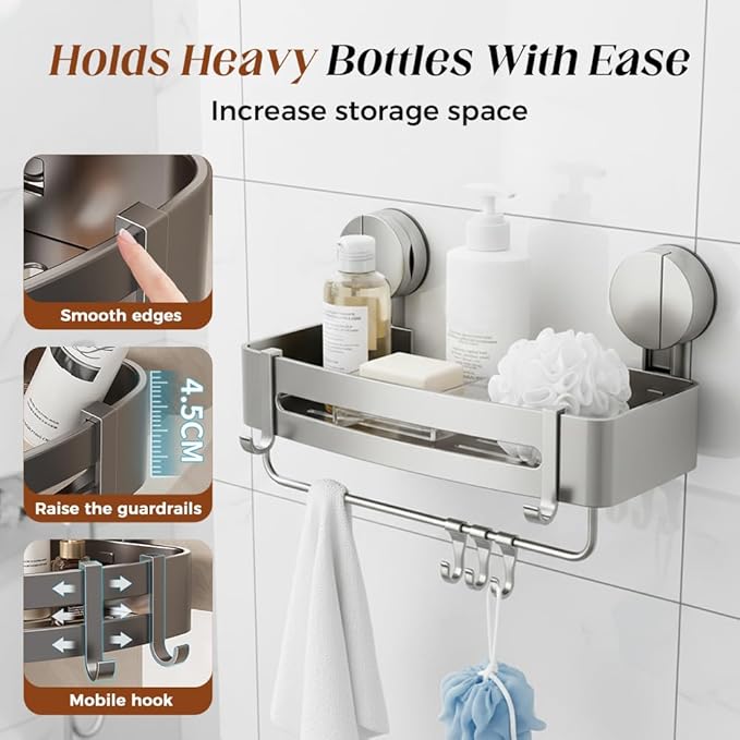 XieJY Bathroom Triangle Shelf, 2026 Upgraded Bathroom Storage Rack Corner Shower Shelves No Drilling Suction Cup Shower Organizer with Towel Bar and Hooks Removable (1, Triangular)
