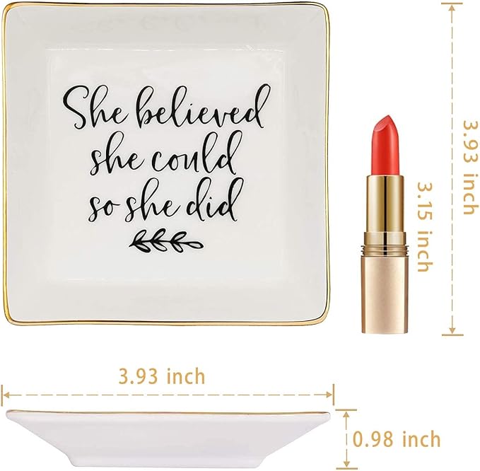 Tijeyi Jewelry Tray Ceramic Trinket Dish Ring Funny Birthday Gifts for Women Unique New Job Spiritual Congratulations Gift Best Friend Mom Friendship Office Decor,She Believed She Could So She Did
