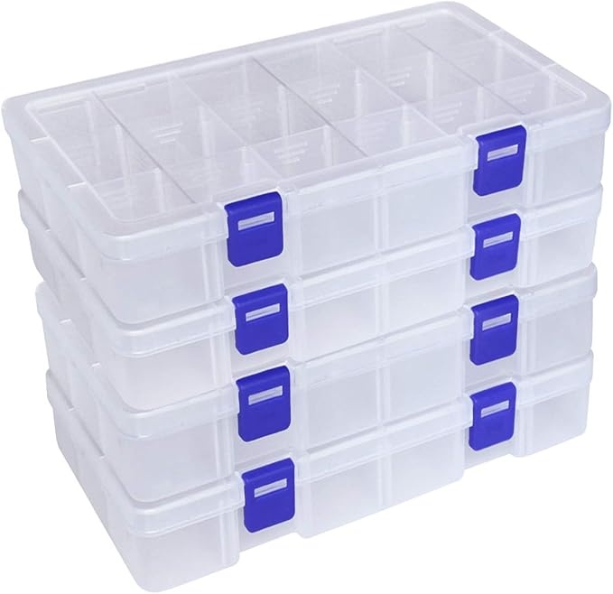 DUOFIRE Plastic Organizer Container Storage Box Adjustable Divider Removable Grid Compartment for Jewelry Beads Earring Tool Fishing Hook Small Accessories(18 grids, White X 4)