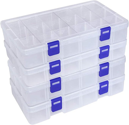DUOFIRE Plastic Organizer Container Storage Box Adjustable Divider Removable Grid Compartment for Jewelry Beads Earring Tool Fishing Hook Small Accessories(18 grids, White X 4)