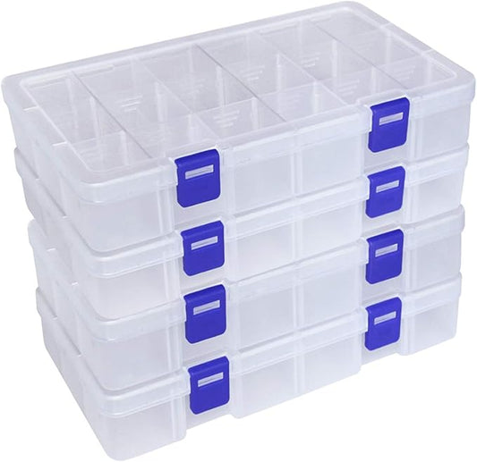 DUOFIRE Plastic Organizer Container Storage Box Adjustable Divider Removable Grid Compartment for Jewelry Beads Earring Tool Fishing Hook Small Accessories(18 grids, White X 4)