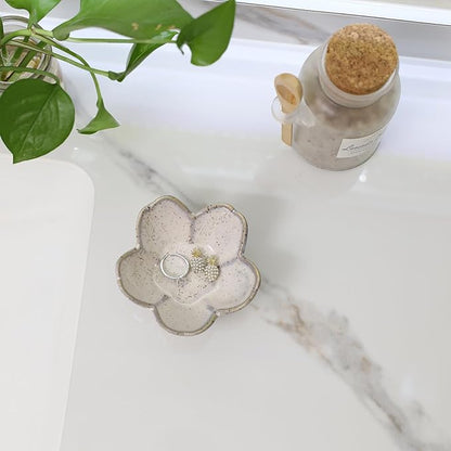 YZMICSTAR Flower Ring Dish Holder,Jewelry Dish Tray,Small Trinket Tray,Jewelry Plate Bowl,Key Bowl,Decorative Plate,Birtdhay Christmas Gifts for Women Friends,Ceramic Kiln effect Grey