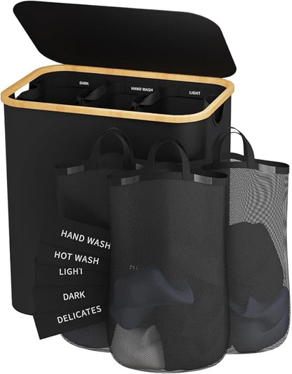 Laundry Hamper 3 Section, 145L Dirty Clothes Hamper with Lid, Extra Large Laundry Basket Organizer with Removable Inner Bags & Labels for Laundry Room, Bedroom, Black