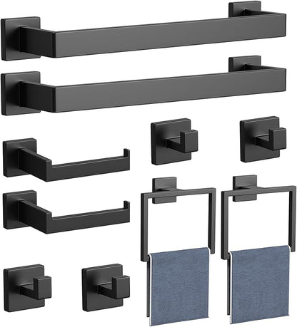 10-Pieces Matte Black Bathroom Accessories Set, 16 Inch Bath Towel Bar Set, SUS 304 Stainless Steel Bathroom Hardware Set, Towel Holder, Towel Racks for Bathroom Wall Mounted