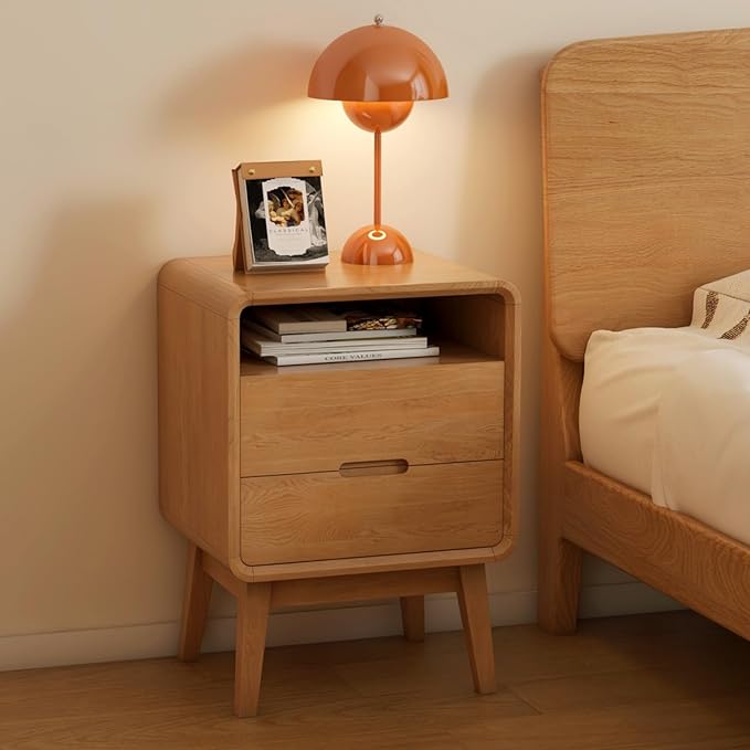 Vadisun 100% Solid Oak Wood Nightstand with 2 Drawers, Mid Century Modern Night Stand with Open Shelf, Wooden Nightstand, Small Night Stand for Small Spaces, Oak Bedside Table for Bedroom(23.23" H)