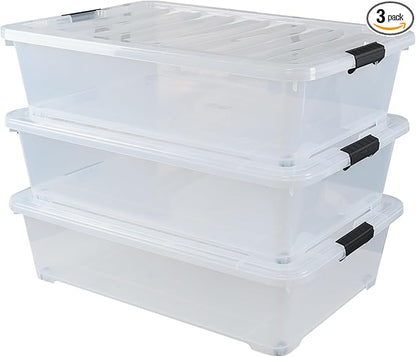 Buyitt 50 Quart Wheeled Latching Storage Box, Stackable Bin with Latch Lid, Plastic Container to Organize Shoes Underbed (3 Pack)