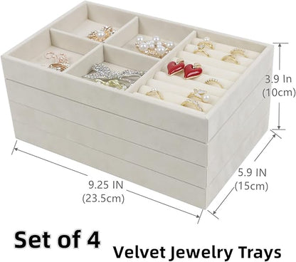 Set of 4 Stackable Jewelry Trays Organizer, Velvet Earring Organizer, Jewelry Organizer Showcase Display Drawer Organizer Storage, Earring Holder Necklace Bracelet Ring Accessary Organizers (Beige)