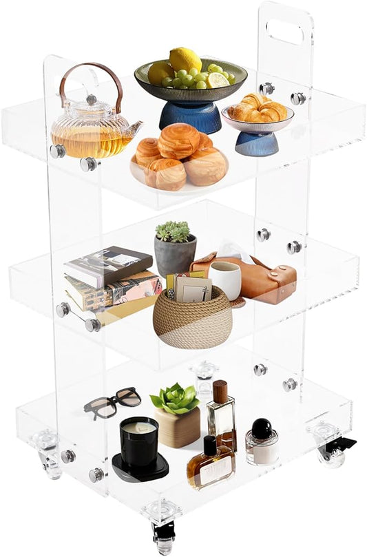 3-Tier Acrylic Utility Rolling Cart, Utility Rolling Cart Storage Cart with Wheels for Home Bar, Kitchen, Living Room, 16.4" L x 13.4'' W x 27.6'' H