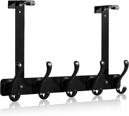 persevere Over The Door Hooks with Auto-Locking Design, Rustproof Multi-Functional Coat Rack, Bathroom Towel Holder, Space-Saving Door Hanging Organizer with 5 Hooks for Clothes and Towels (Black)