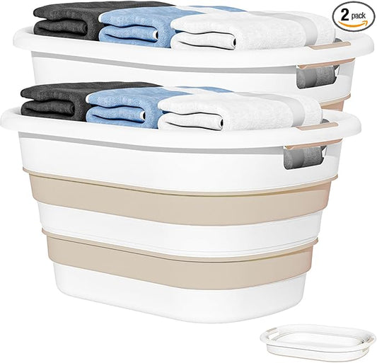 43L(11.5Gallon) Collapsible Laundry Baskets plastic, Pop Up Laundry hamper/Storage Container, Foldable Laundry Basket with Large Capacity,Sturdy,Space Saver (Beige, 2 Packs)