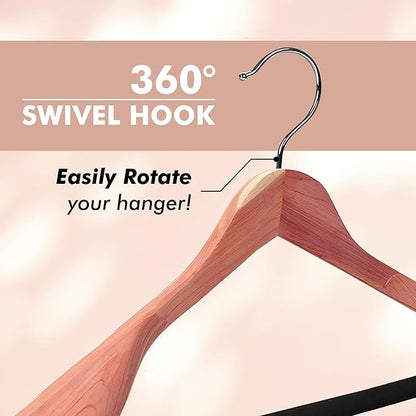 DEILSY™ Cedar Hangers for Closet - 5 Pack Extra Wide Wooden Hangers for Suits, Coat, Dress, Jacket, Clothes Storage - Non Slip Foam Padded Pant Bar with 360° Swivel Hook, Aromatic American Cedar Wood