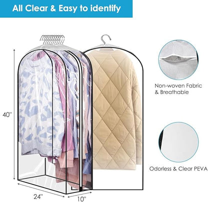 40" Clear Clothes Hangers with Smooth Side Zipper, 10" Gusseted Waterproof Garment Bags for Shirts, Coats, Dresses, Suits, 3 Pack
