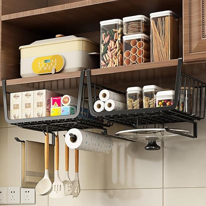 Multi purpose metal storage basket Under shelf storage basket Kitchen study office storage Thickened wire mesh basket White available Suitable for bookshelves Cabinets Storage shelves M 26*22*13.5cm