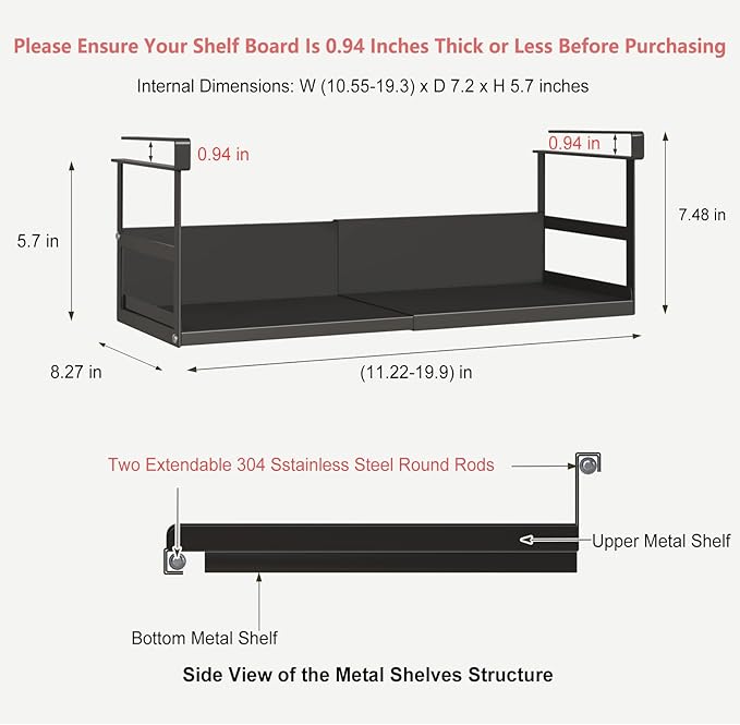 Expandable Under Cabinet Shelf Organizer with 0.94-Inch Thick Clips, Heavy Duty Extendable Under Shelf Storage Basket for Pantry or Laundry Room, Black, 1 Pack, Interior: 5.7" H x 7.2" D
