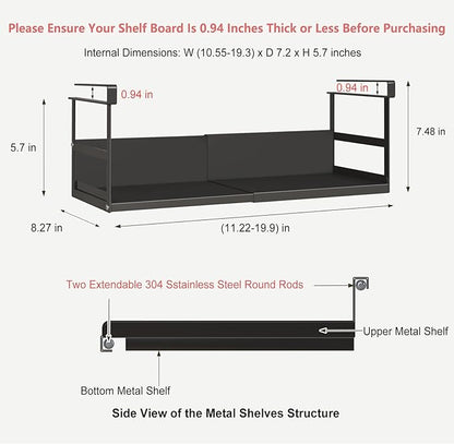 Expandable Under Cabinet Shelf Organizer with 0.94-Inch Thick Clips, Heavy Duty Extendable Under Shelf Storage Basket for Pantry or Laundry Room, Black, 1 Pack, Interior: 5.7" H x 7.2" D